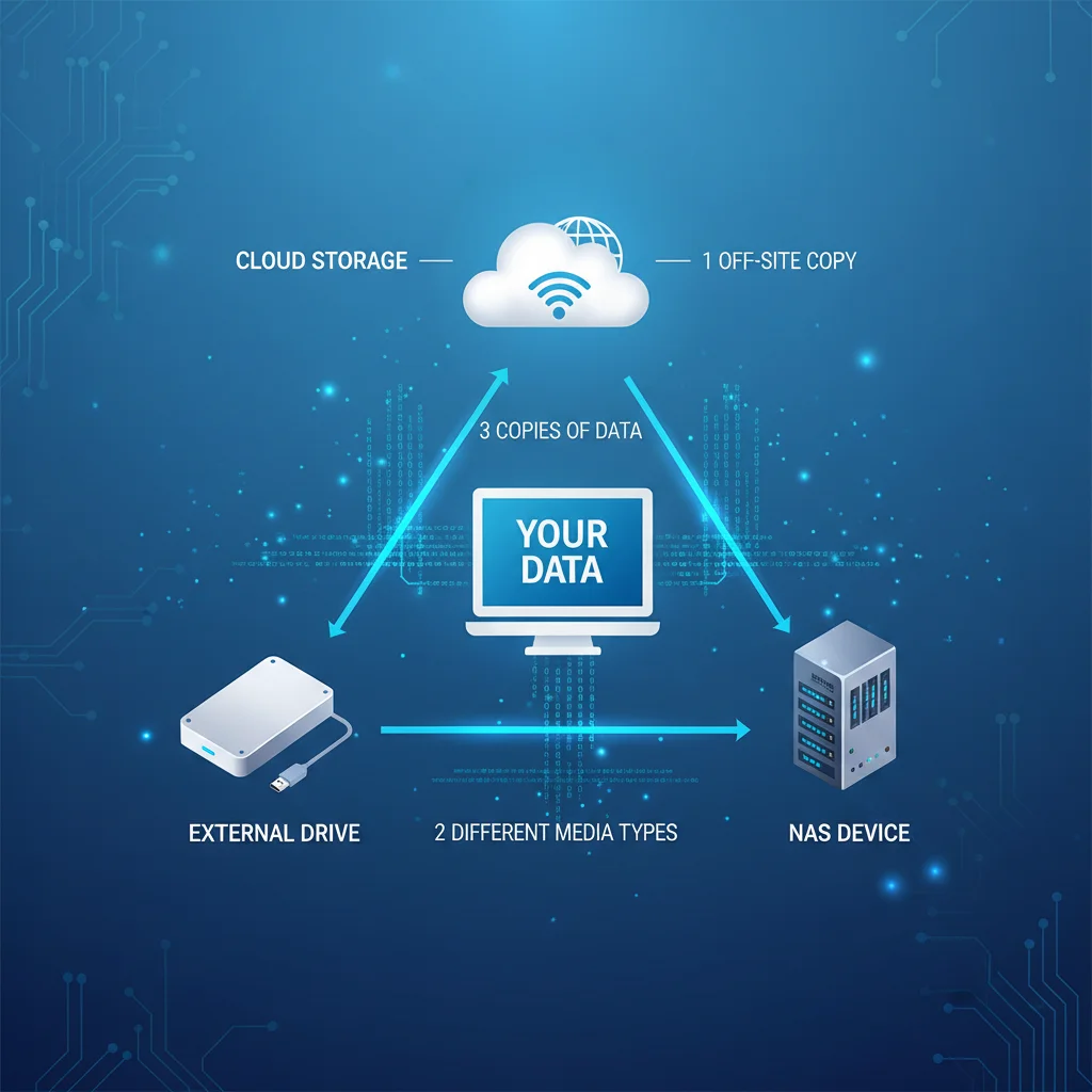 Illustration of the 3-2-1 backup rule with cloud, external drive, and NAS for data redundancy.