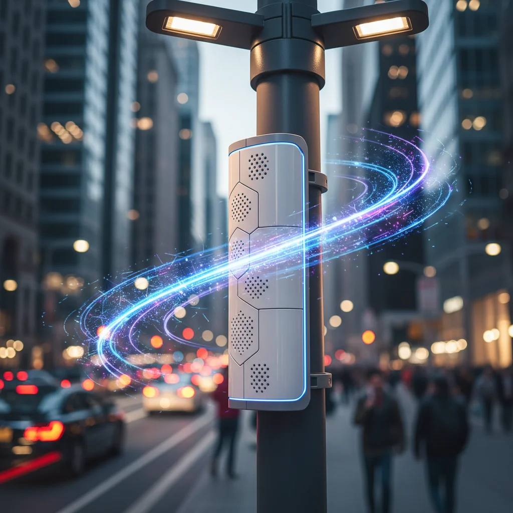 Close-up of a 5G antenna integrated into an urban lamp post, symbolizing the widespread deployment of 5G infrastructure in US cities.