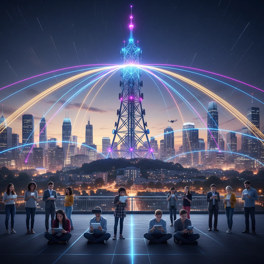 5G network tower radiating signals over a bustling smart city