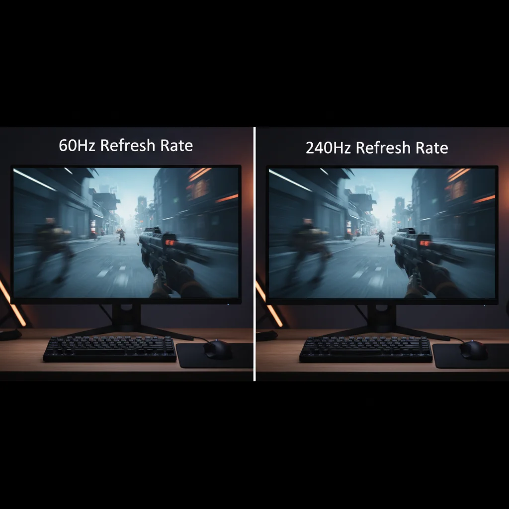 Comparison of 60Hz vs 240Hz refresh rate in gaming, showing clarity difference