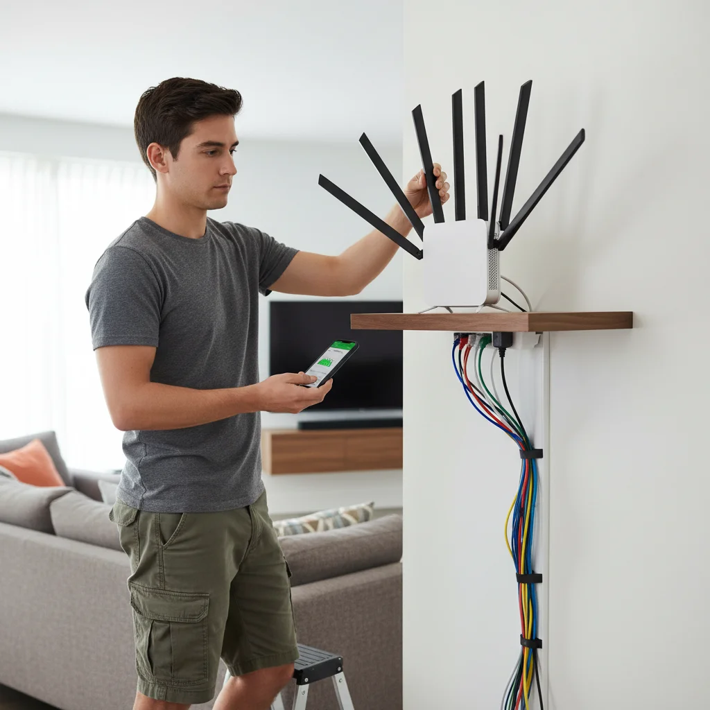 Person adjusting external antennas on a Wi-Fi router for better signal
