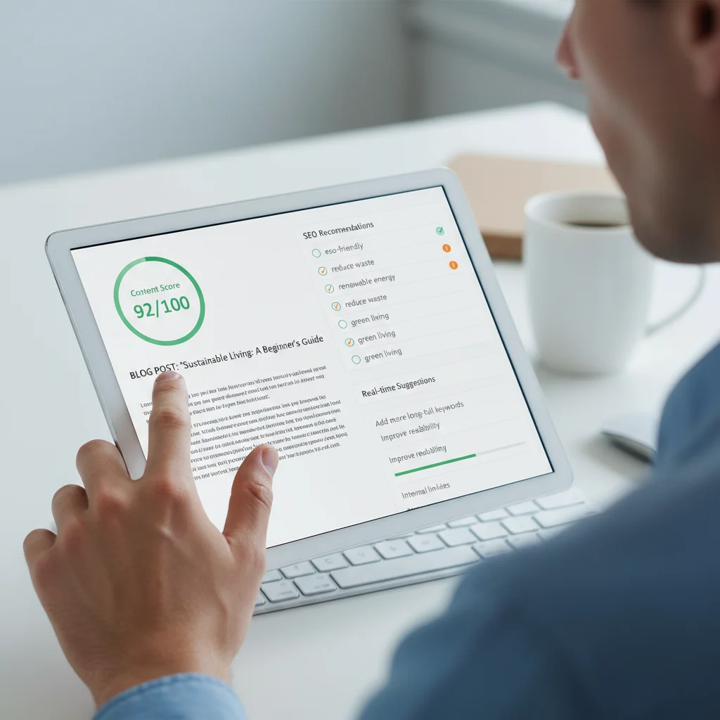 Hand optimizing content on a tablet using an AI-powered SEO tool with real-time suggestions
