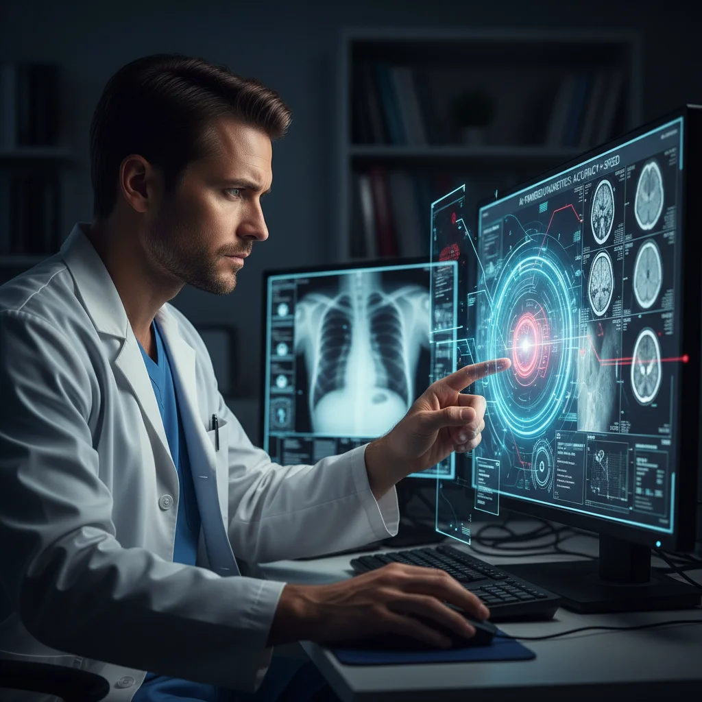 Physician analyzing AI-enhanced diagnostic images for improved accuracy.