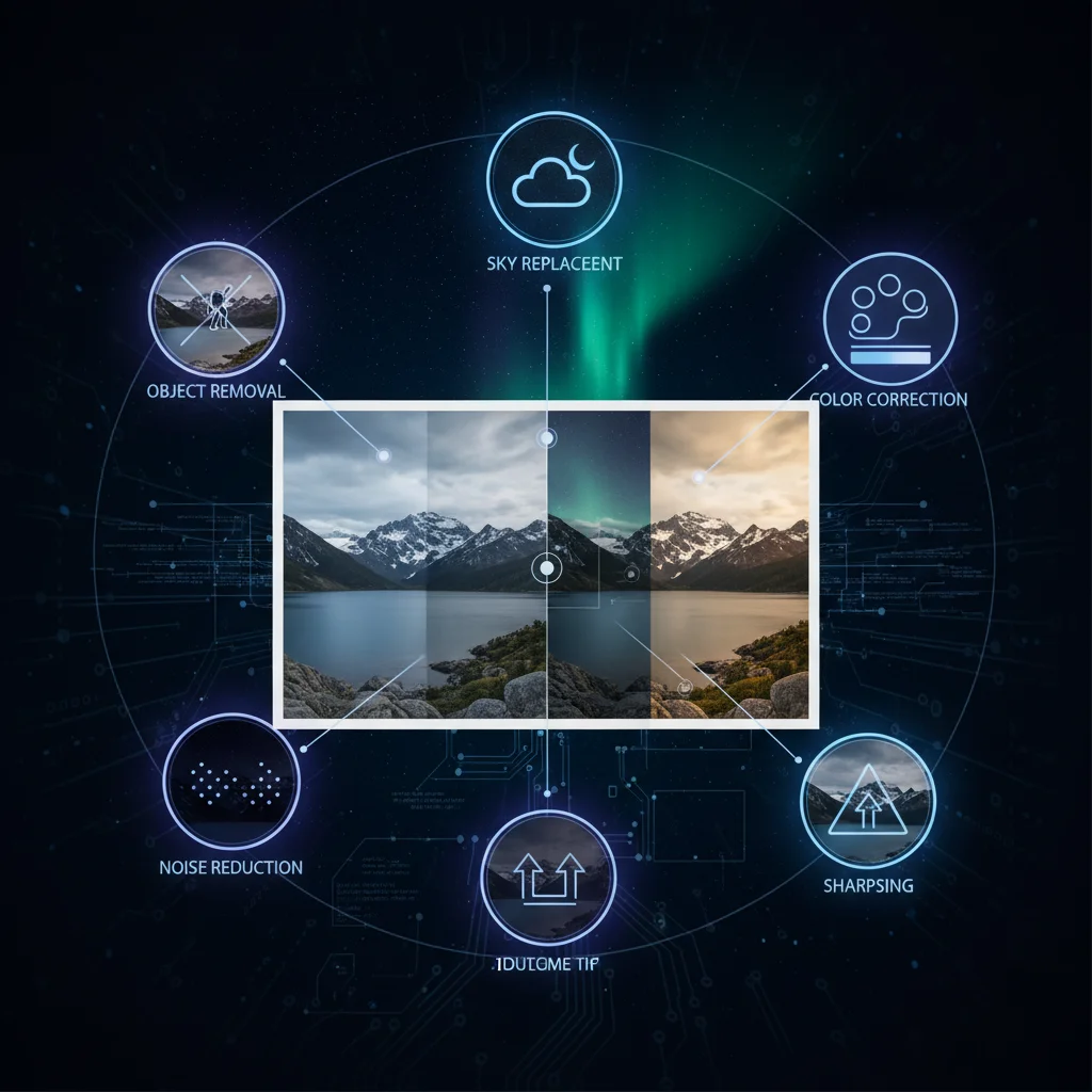 Illustration of diverse AI photo editing tools like object removal, sky replacement, and color correction.