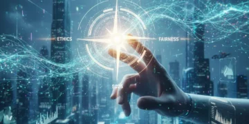 Futuristic AI landscape with ethical compass, navigating bias