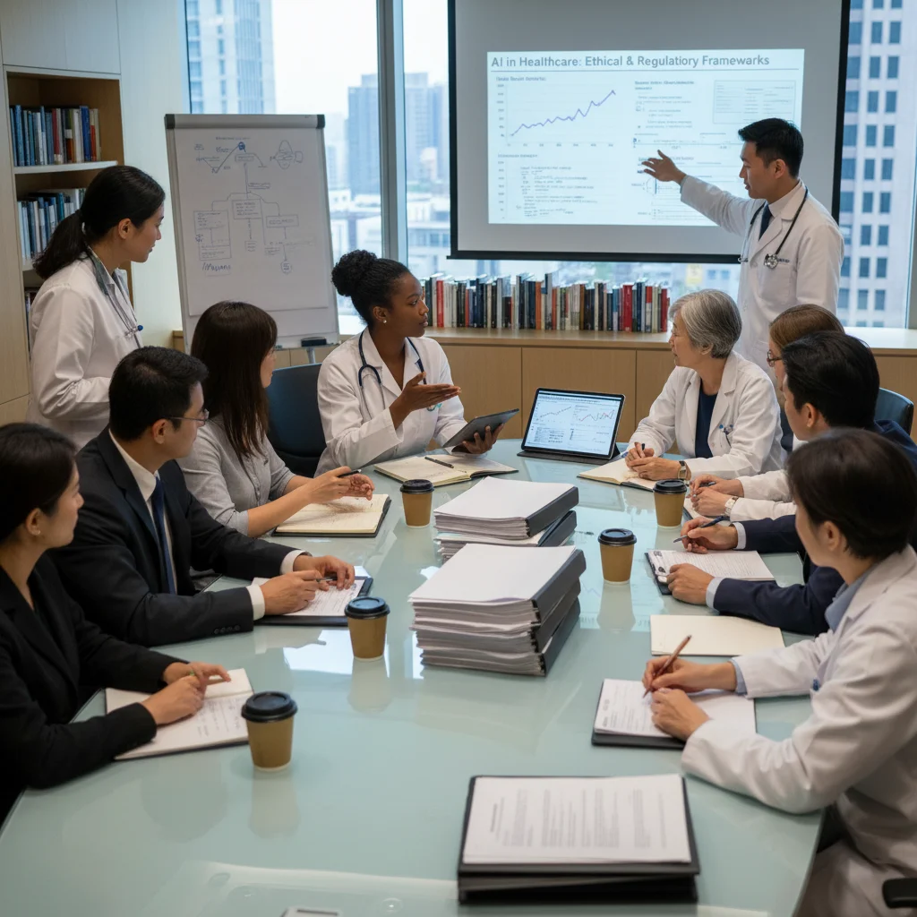 Healthcare professionals discussing ethical and regulatory frameworks for AI in medicine.