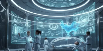 Doctors interacting with advanced AI systems in a modern hospital environment.