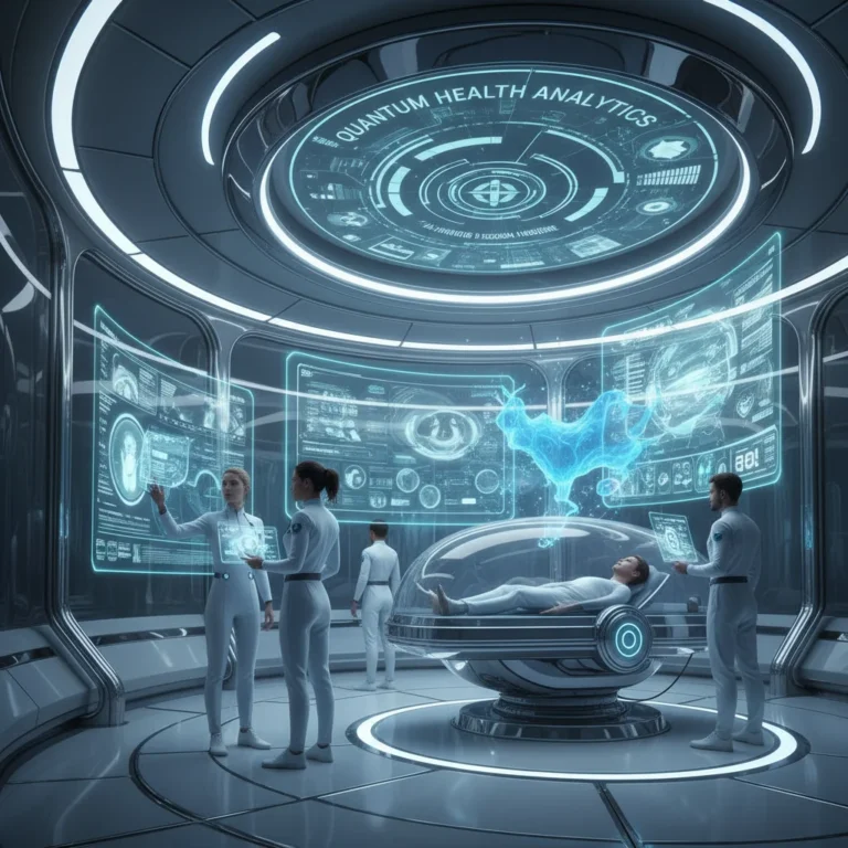 Doctors interacting with advanced AI systems in a modern hospital environment.