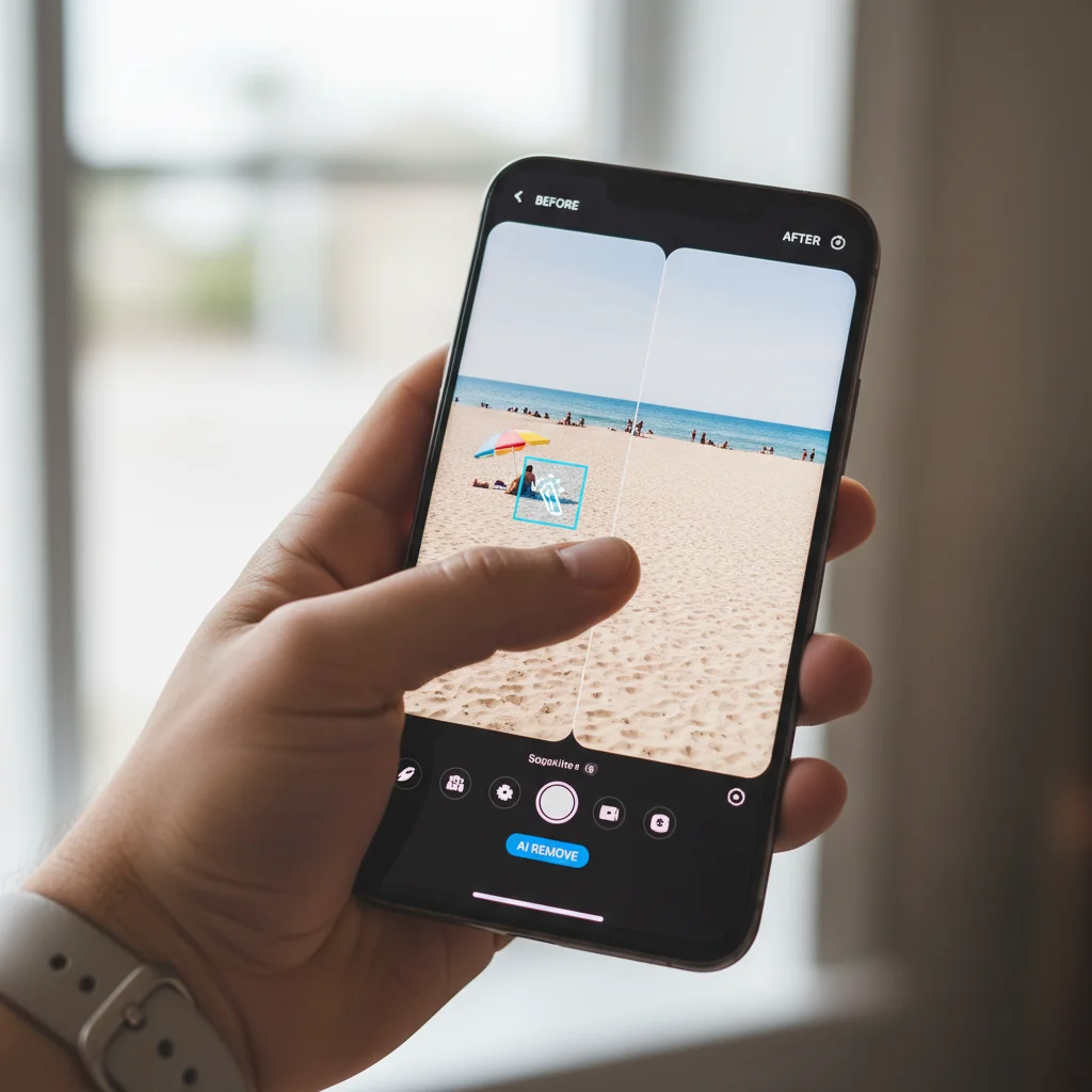 Hand holding a smartphone demonstrating AI object removal in a photo editing app, showing a clean 'after' image.