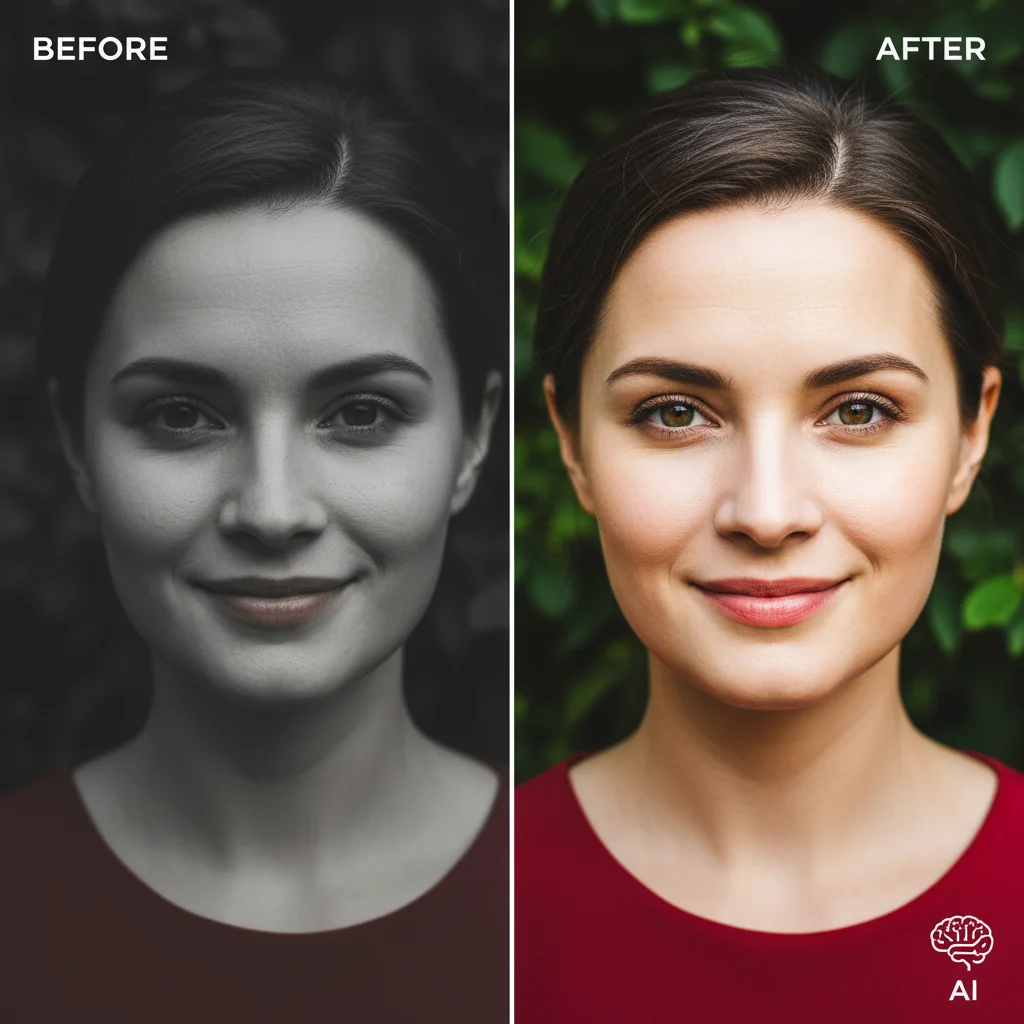 Before and after comparison of a portrait photo edited with AI, showing enhanced colors and lighting.