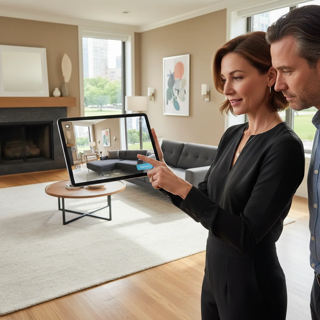 Person using an AR tablet app to visualize virtual furniture in a real living room setting.