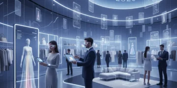 Customers engaging with augmented reality in a modern retail setting, showcasing virtual try-on and product visualization.