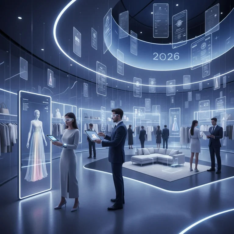 Customers engaging with augmented reality in a modern retail setting, showcasing virtual try-on and product visualization.