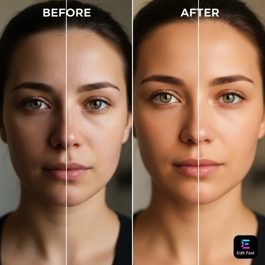 Split-screen comparison of an unedited 'before' portrait and a professionally retouched 'after' portrait, highlighting quick app enhancements.