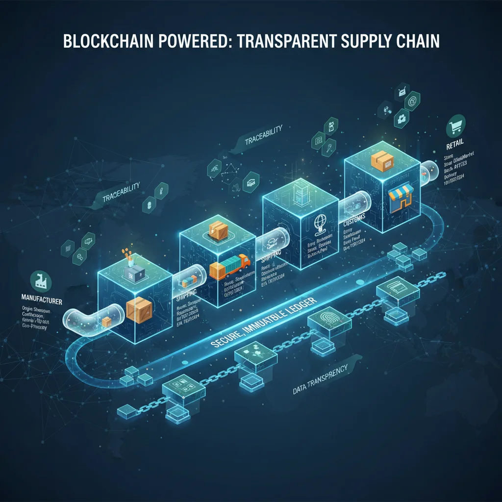 Blockchain-powered transparent supply chain showing product journey from origin to consumer.