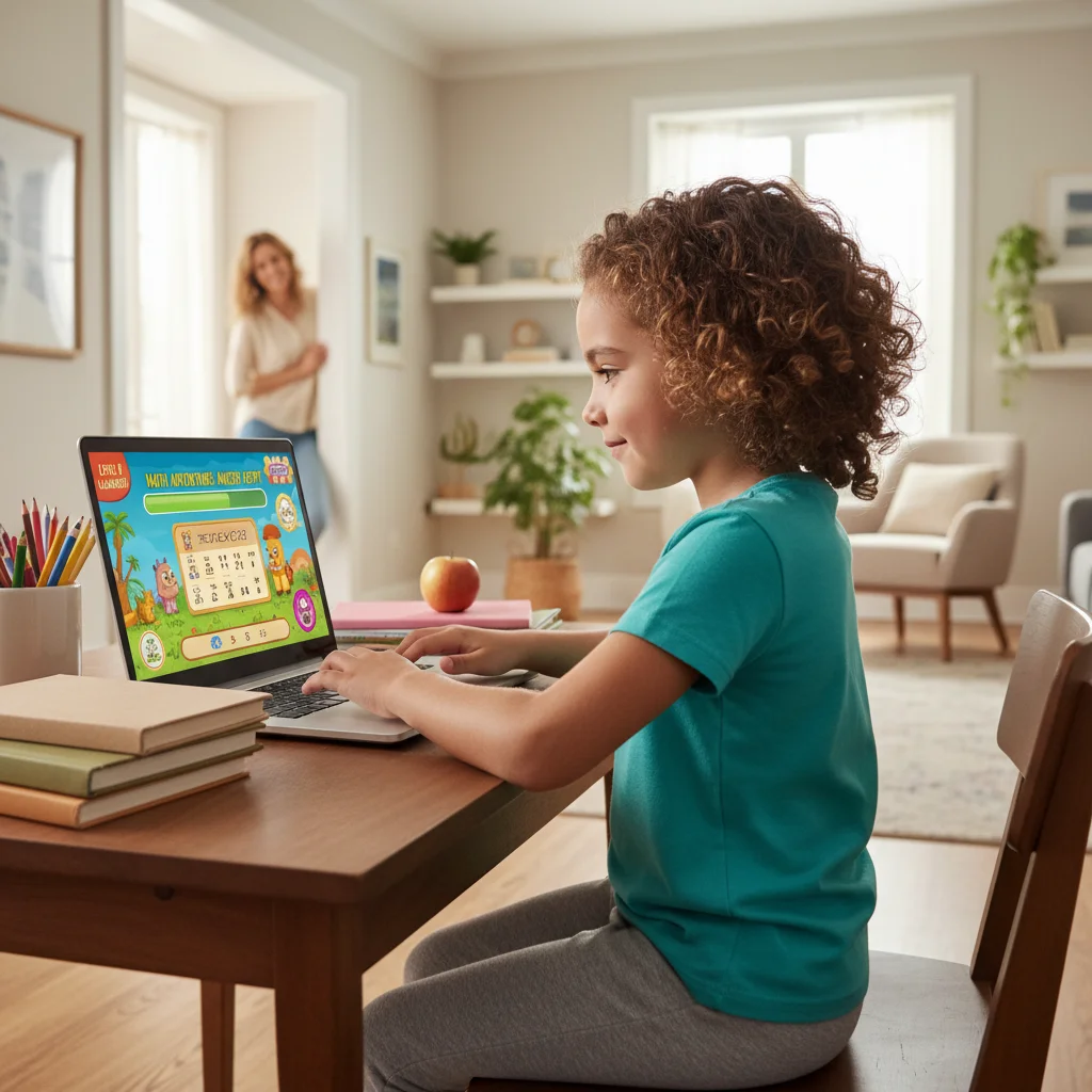 Child using a laptop for educational content under parental supervision