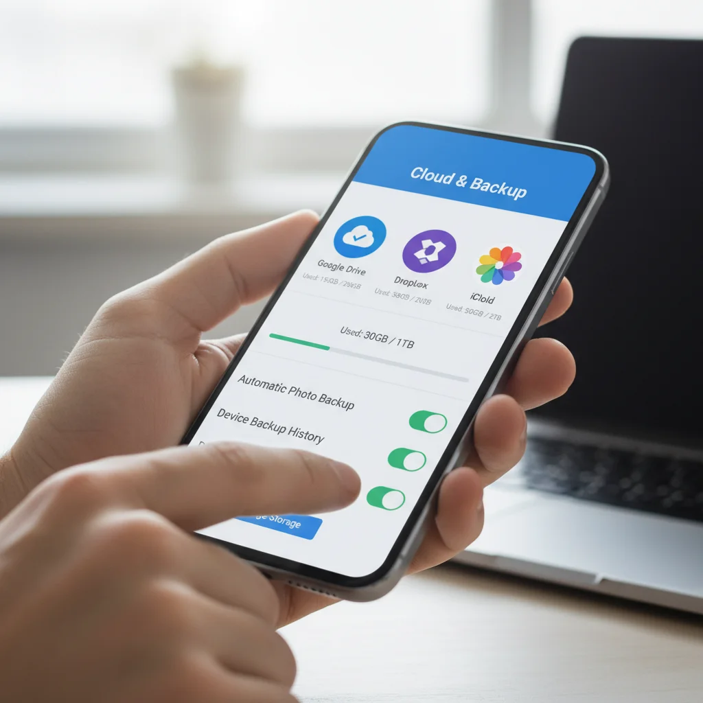 Person managing cloud backup settings on a smartphone