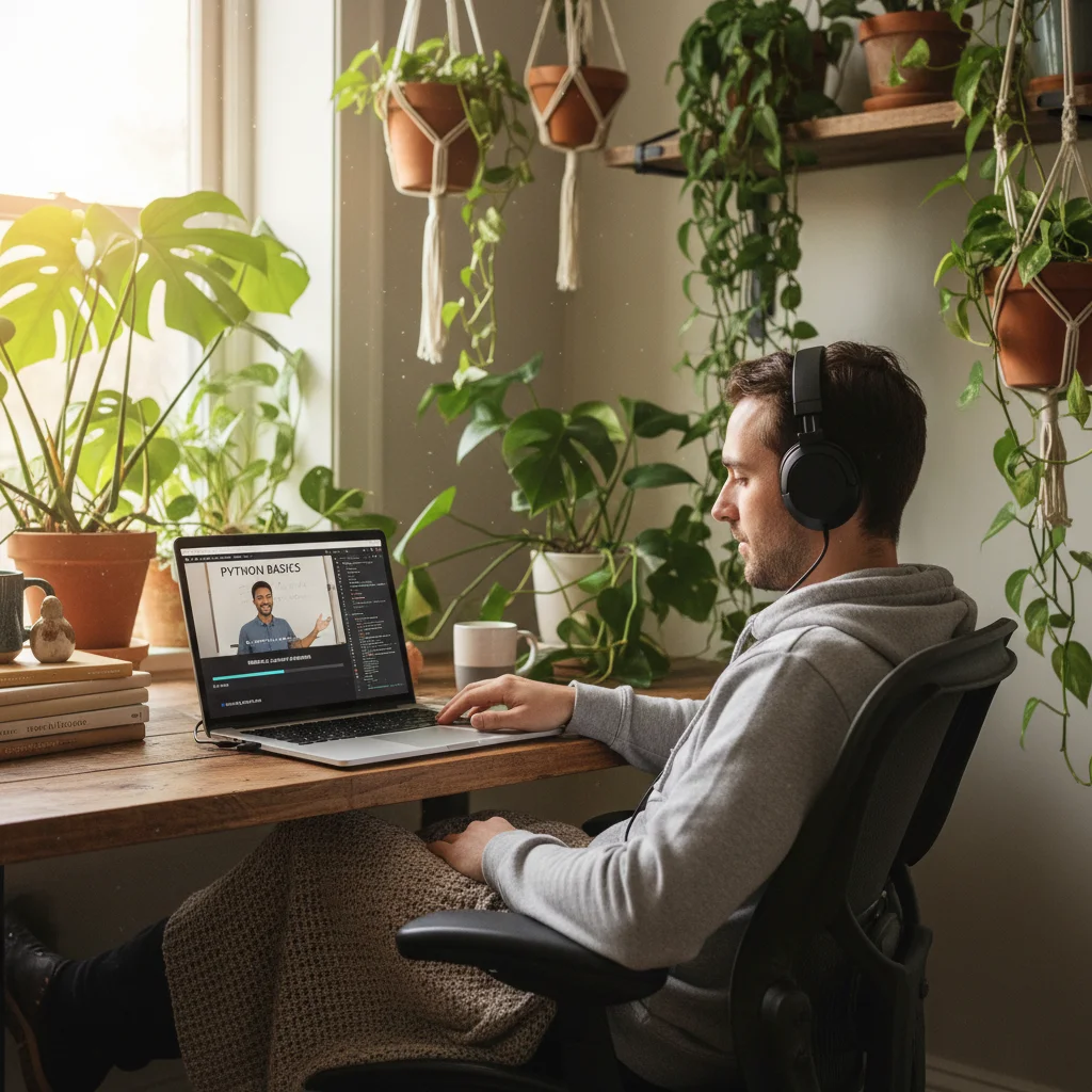 Individual learning coding on a laptop in a comfortable home office setting, representing focused online skill acquisition.