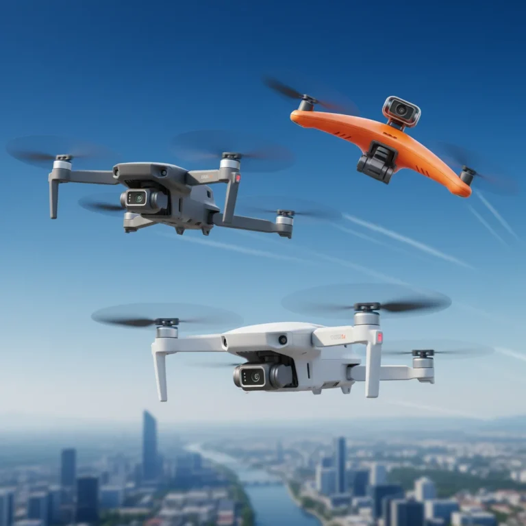 Three consumer drones under $1000 in flight, showcasing advanced flight performance.
