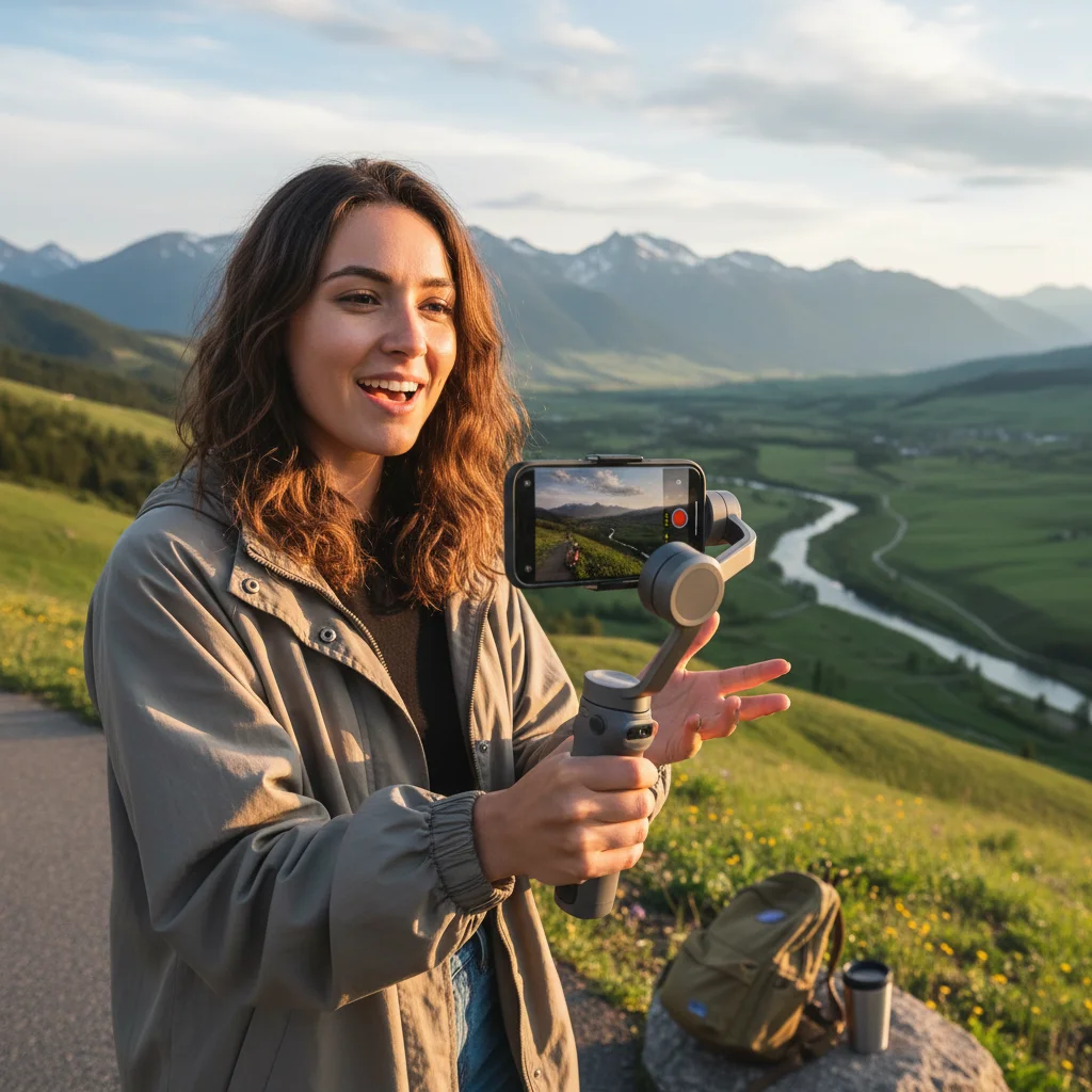 Content creator filming vlog outdoors with smartphone and gimbal
