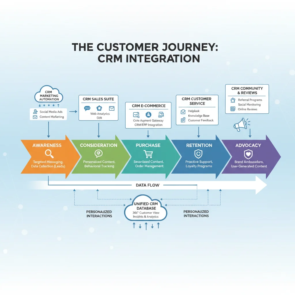 Infographic depicting customer journey with integrated CRM solutions.