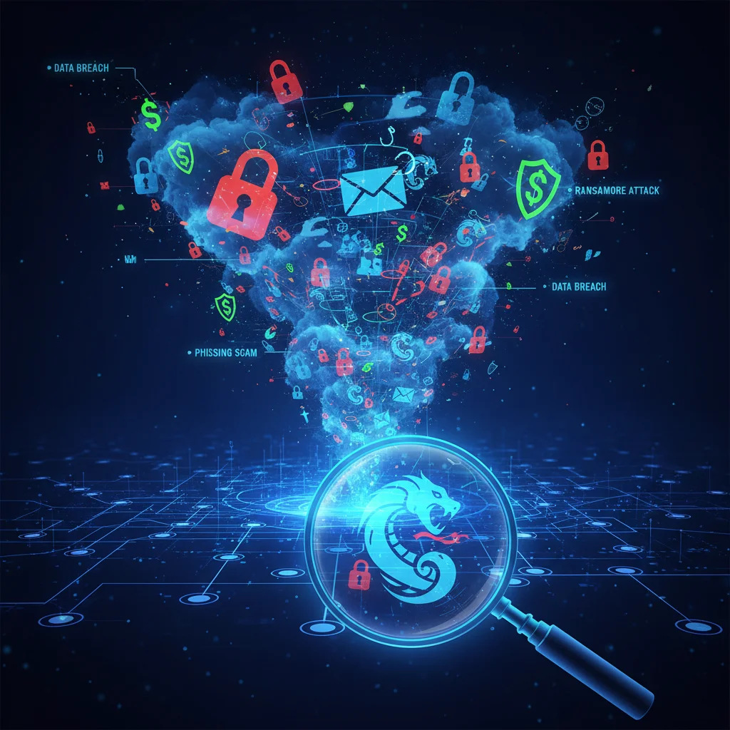 Visualizing diverse cyber threats like ransomware and phishing targeting a business network.