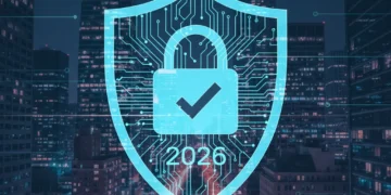 Digital shield protecting a city skyline, representing cybersecurity insurance for businesses in 2026.