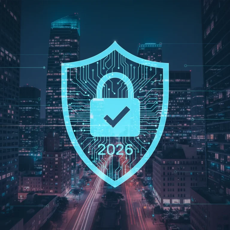 Digital shield protecting a city skyline, representing cybersecurity insurance for businesses in 2026.
