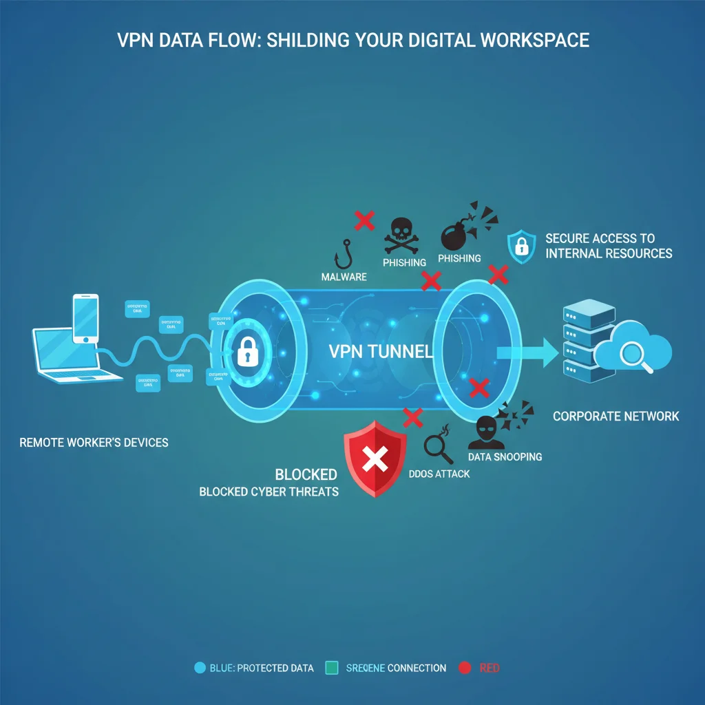 Infographic depicting secure data flow through a VPN tunnel