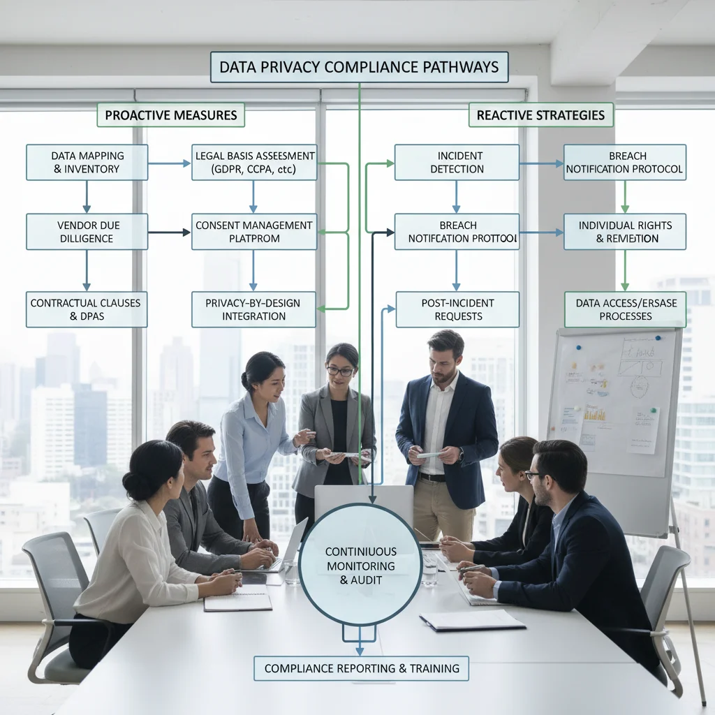 Data privacy compliance flowchart with steps for businesses, showing collaboration.