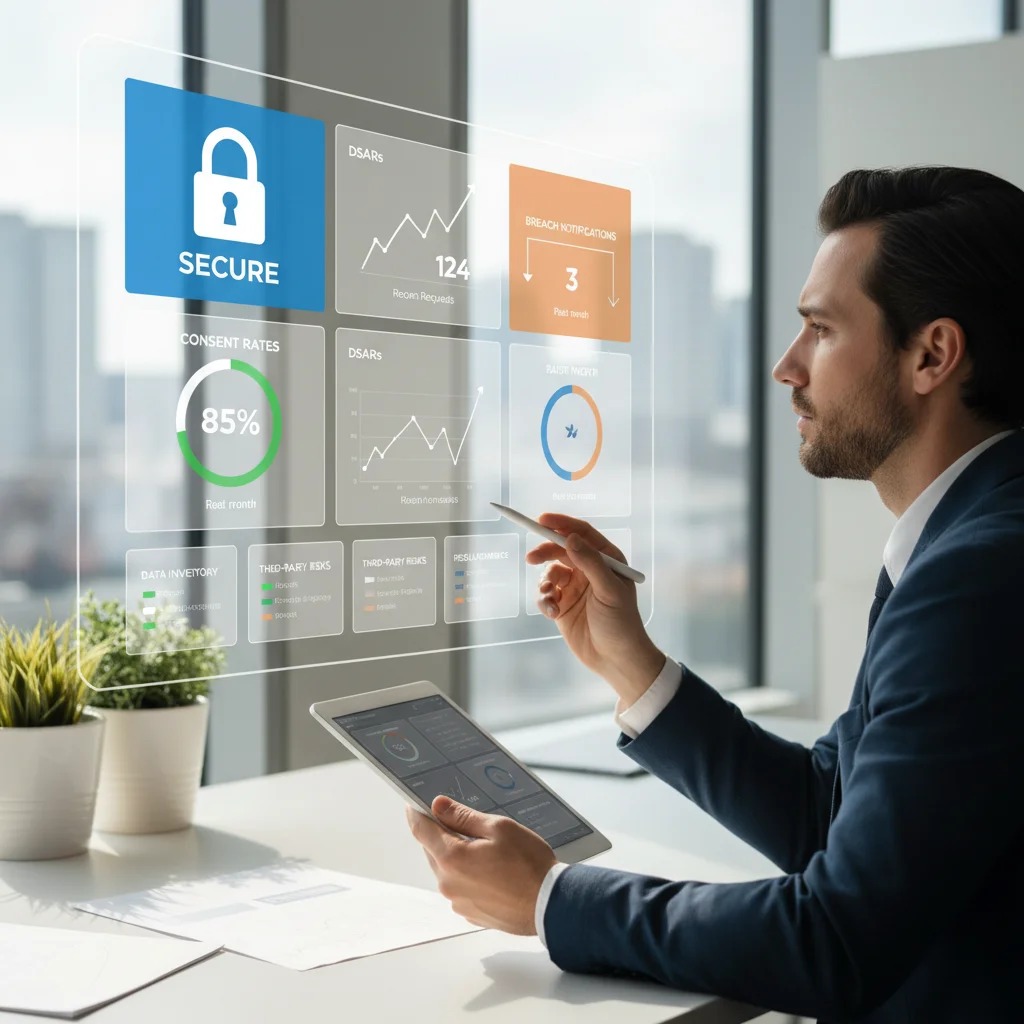 Digital dashboard showing data privacy metrics and compliance status.