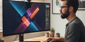 Designer calibrating monitor for color accuracy with a colorimeter tool