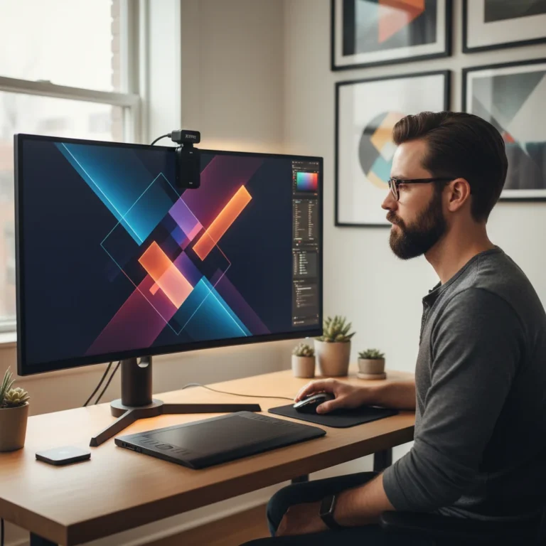 Designer calibrating monitor for color accuracy with a colorimeter tool
