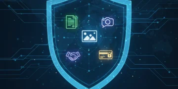 Digital shield protecting personal data icons, symbolizing advanced privacy app security for 2026.