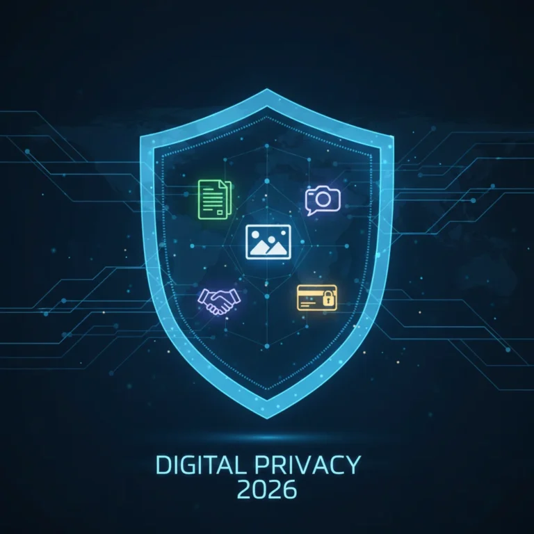 Digital shield protecting personal data icons, symbolizing advanced privacy app security for 2026.
