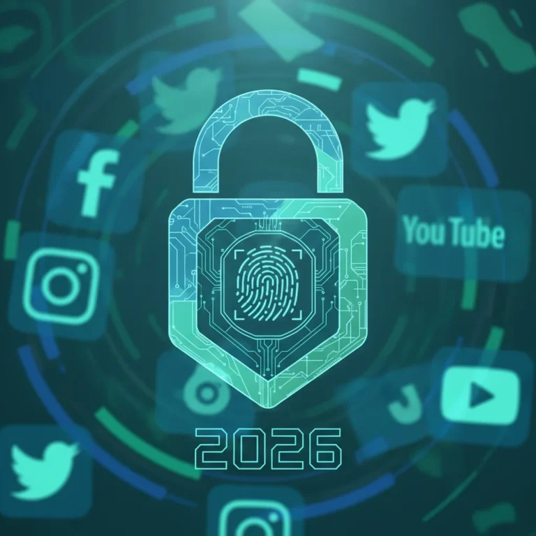 Digital lock over social media logos, representing advanced privacy settings in 2026