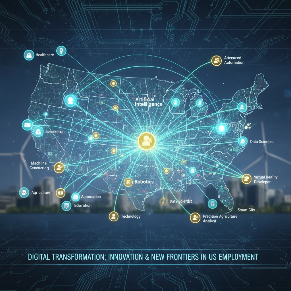 Digital network illustrating new job creation and digital transformation driven by automation and AI in the US.