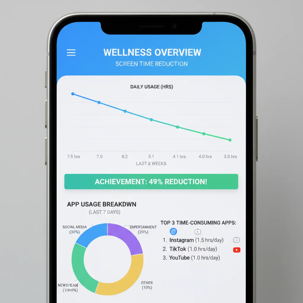 Smartphone screen showing digital wellness app report with usage graphs
