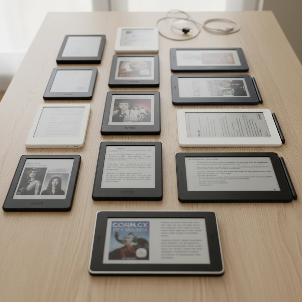 Variety of e-reader models from different brands on a wooden table