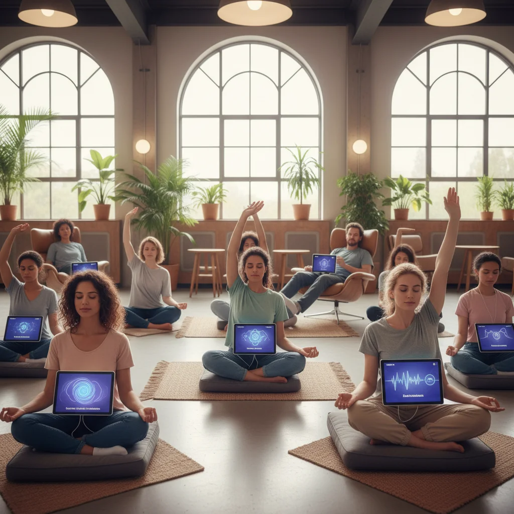 Diverse group using meditation apps for daily relaxation