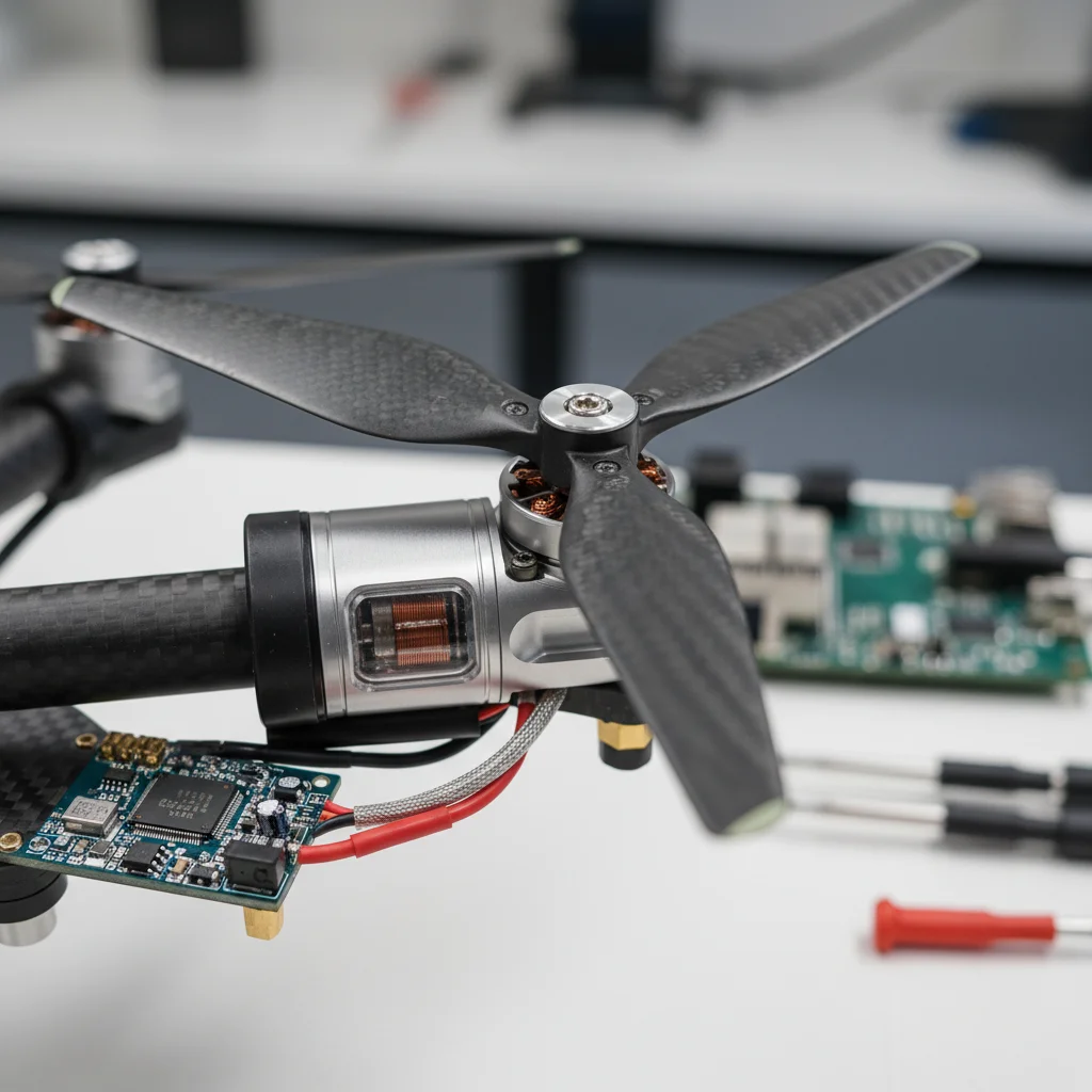 Close-up of a drone's propeller and motor, illustrating precision engineering for flight stability.