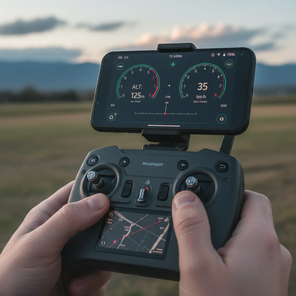 Drone remote controller showing real-time flight telemetry on a smartphone screen.