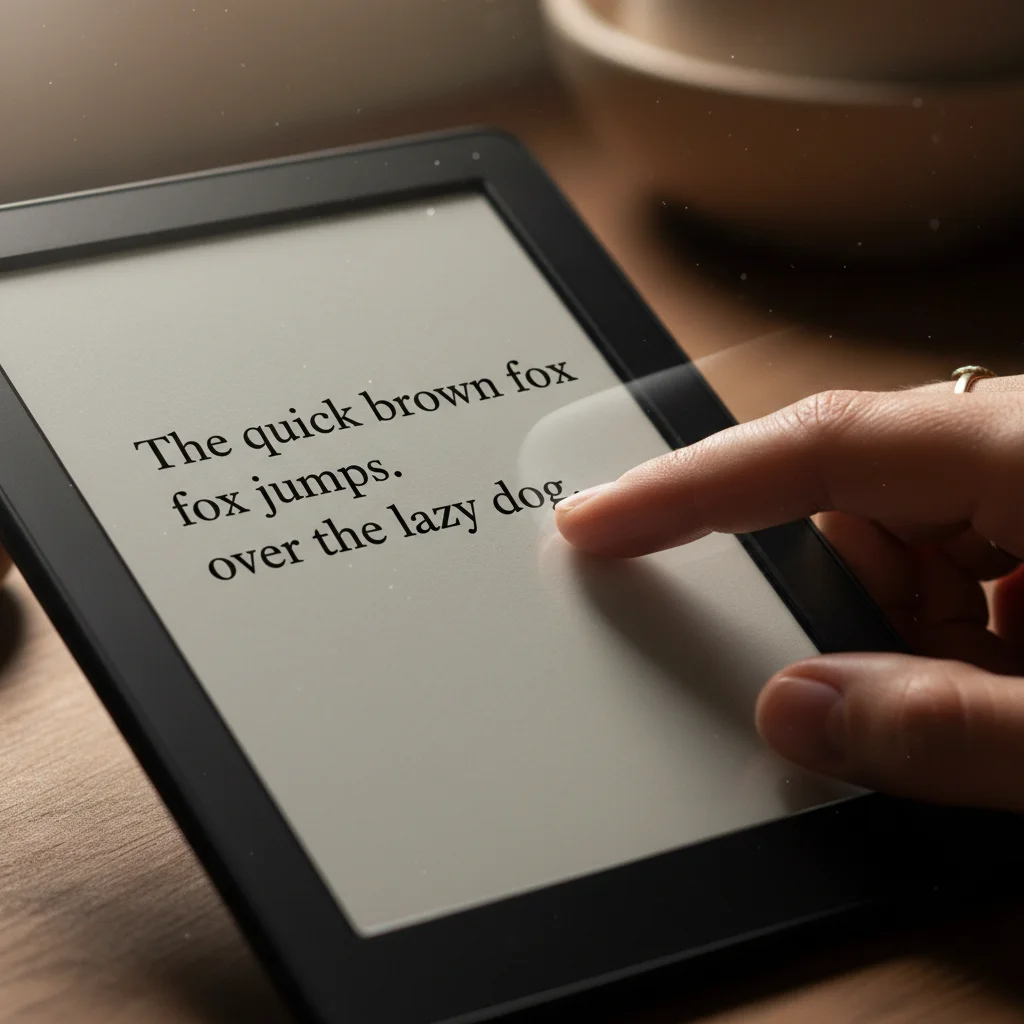E-reader screen displaying clear text, e-ink technology, hand turning page