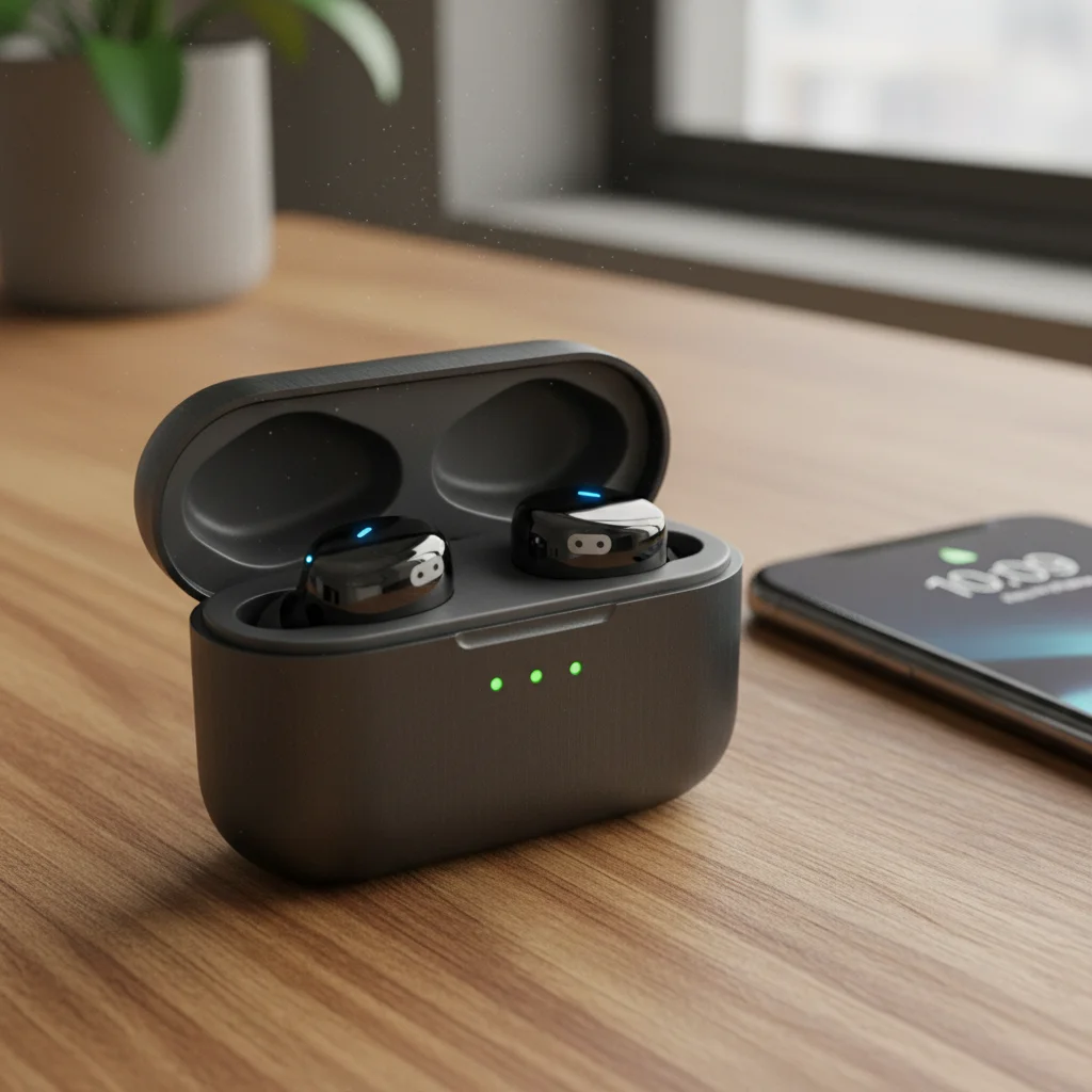 Open charging case with premium wireless earbuds and battery indicators