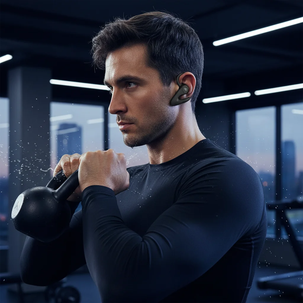 Athlete wearing premium wireless earbuds during intense workout