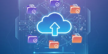 Illustration of cloud storage icons and organized files, representing efficient digital data management.