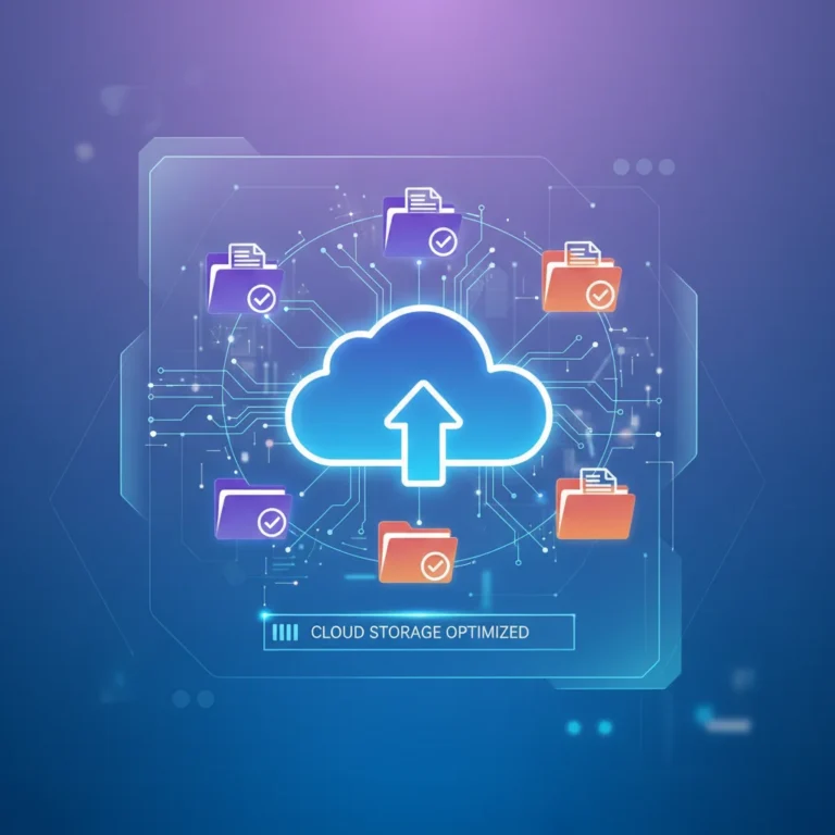 Illustration of cloud storage icons and organized files, representing efficient digital data management.