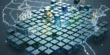 Futuristic illustration of enterprise blockchain network connecting various industries across the United States.
