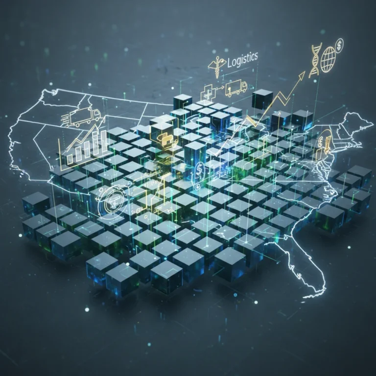 Futuristic illustration of enterprise blockchain network connecting various industries across the United States.