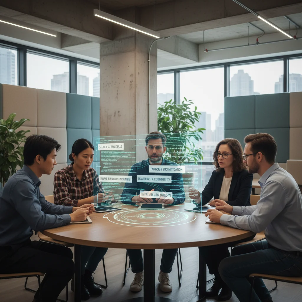 Diverse team collaborating on ethical AI development and guidelines